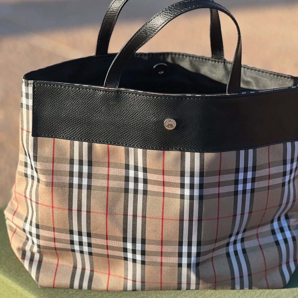Burberry Black and Brown Tote Bag with Leather Trim